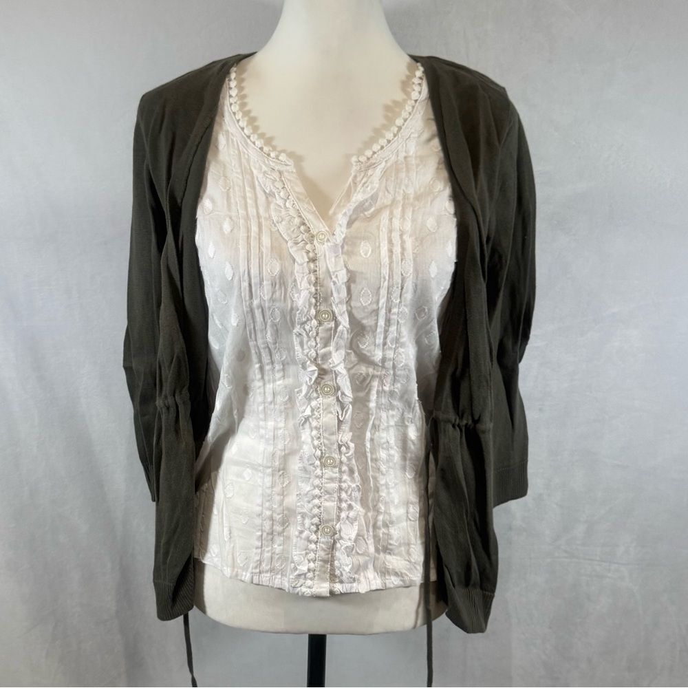 Monsoon olive green cardigan sweater over white button down cotton top size 6